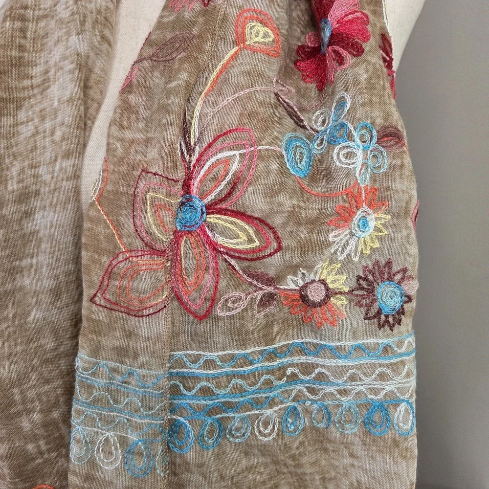 29 Palm Boho Embroidered Floral Scarf Brown‎ Indie Fringe Hippie Festival Wrap